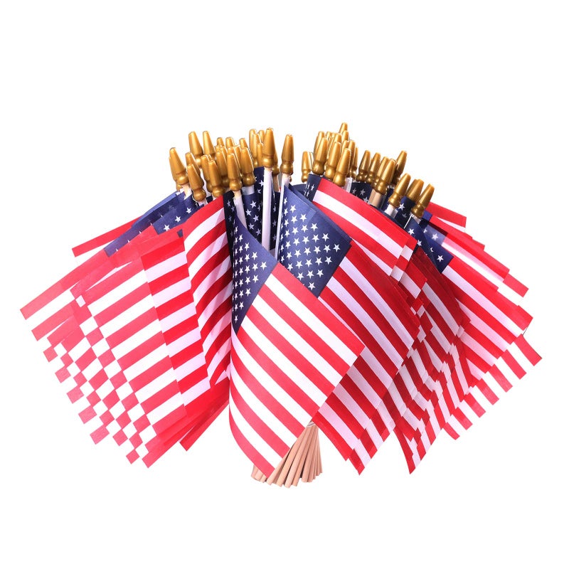 HOOSUN Small American Flags on Stick,50 Pcs Small American Flags for Outside,Patriotic Decorations 4''x6'' USA Flag,Mini US Flag With Wooden Stick for Yard Party,Patriotic Presidents Day Decorations - Image 1